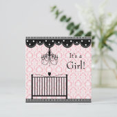 ピンクブラックダマスククリブシャンデリアベビーシャワー 招待状 (スタンド正面)