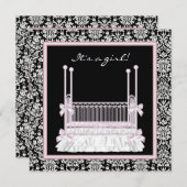 ピンクブラックダマスククリブベビーガールシャワー 招待状 (正面/裏面)