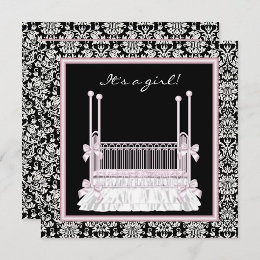 ピンクブラックダマスククリブベビーガールシャワー 招待状 (正面/裏面)