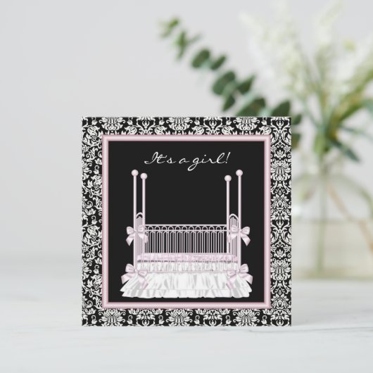 ピンクブラックダマスククリブベビーガールシャワー 招待状 (スタンド正面)