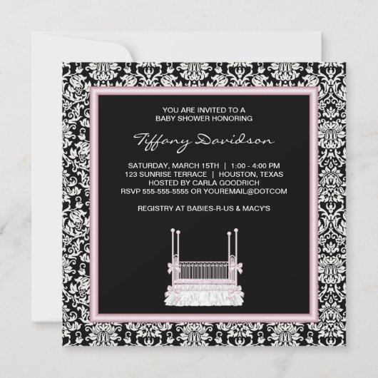 ピンクブラックダマスククリブベビーガールシャワー 招待状 (裏面)