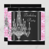 ピンクブラックダマスクシャンデリア誕生日パーティー 招待状 (正面/裏面)