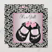 ピンクブラックダマスクシューズベビーガールシャワー 招待状 (正面/裏面)