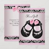 ピンクブラックダマスクシューズベビーガールシャワーRSVP 招待状 (正面/裏面)