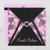 ピンクブラックダマスクスウィート16パーティー 招待状 (正面/裏面)
