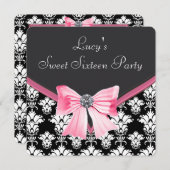 ピンクブラックダマスクスウィート16パーティー 招待状 (正面/裏面)