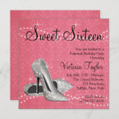 ピンクブラックダマスクハイヒールズスウィート16パーティー 招待状 (正面/裏面)