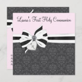 ピンクブラックダマスクハートクロスファースト聖餐式 招待状 (正面/裏面)