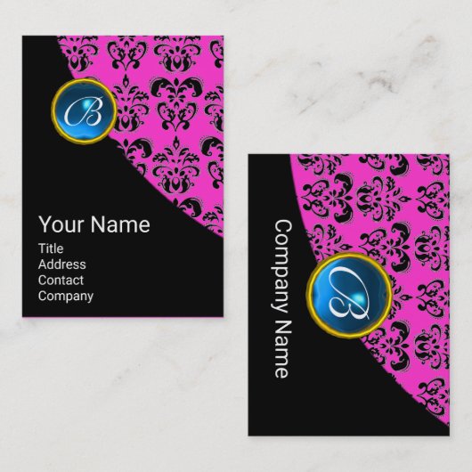 ピンクブラックダマスクブルーサファイアジェムストーンモノグラム 名刺 (正面/裏面)