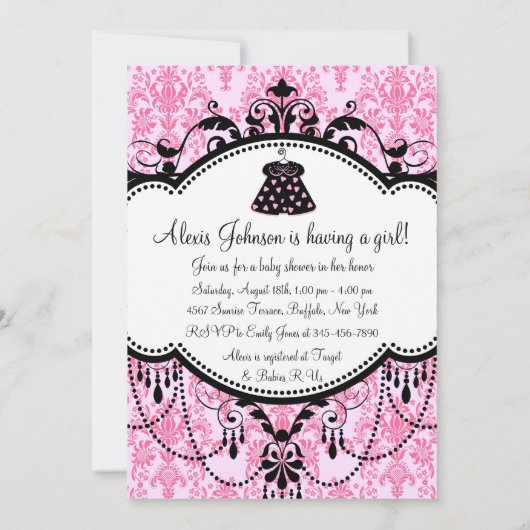 ピンクブラックダマスクベビーガールシャワー招待状 招待状 (裏面)
