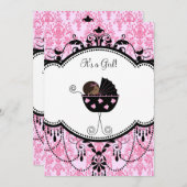 ピンクブラックダマスクベビーガールシャワー招待状 招待状 (正面/裏面)