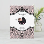 ピンクブラックダマスクベビーガールシャワー招待状 招待状 (スタンド正面)