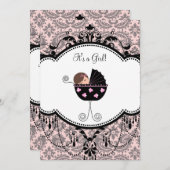 ピンクブラックダマスクベビーガールシャワー招待状 招待状 (正面/裏面)