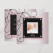 ピンクブラックダマスクベビーガールフォト誕生 案内状 (正面/裏面)