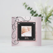 ピンクブラックダマスクベビーガールフォト誕生 案内状 (スタンド正面)