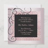 ピンクブラックダマスクベビーガールフォト誕生 案内状 (裏面)