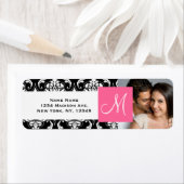 ピンクブラックダマスクモノグラム婚約写真 ラベル (インサイチュ)