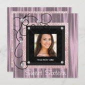 ピンクブラックダマスク写真甘い16パーティー 招待状 (正面/裏面)