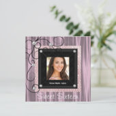 ピンクブラックダマスク写真甘い16パーティー 招待状 (スタンド正面)