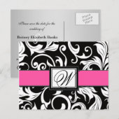 ピンクブラックダマスク結婚式Save the Date Postcards 案内ポストカード (正面/裏面)