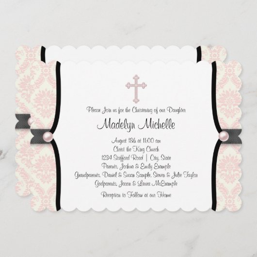 ピンクブラックダマスク《キリスト教》洗礼式や命名式 招待状 (正面/裏面)