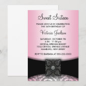 ピンクブラックダマスクSweet sixteenパーティー 招待状 (正面/裏面)