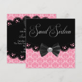 ピンクブラックダマスクSweet sixteen誕生日パーティー 招待状 (正面/裏面)