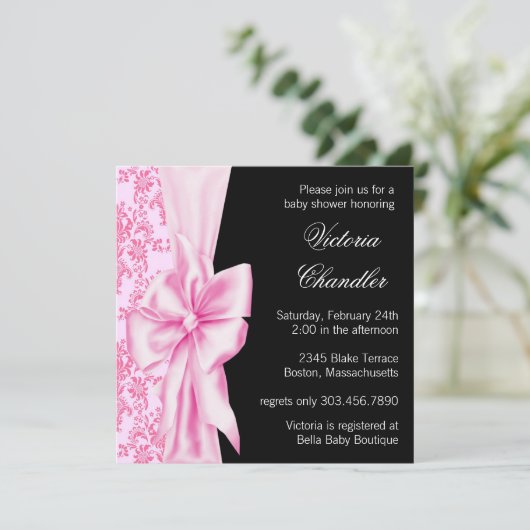 ピンクブラックダマスコバウエレガントベビーガールシャワー 招待状 (スタンド正面)