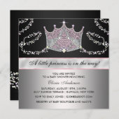 ピンクブラックティアラベビーガールプリンセスベビーシャワー 招待状 (正面/裏面)