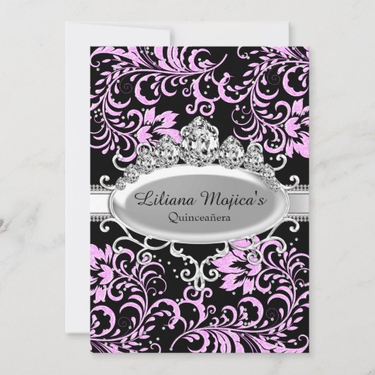 ピンクブラックティアラ&グリッターフローラキンセアニェラ 招待状 (正面)