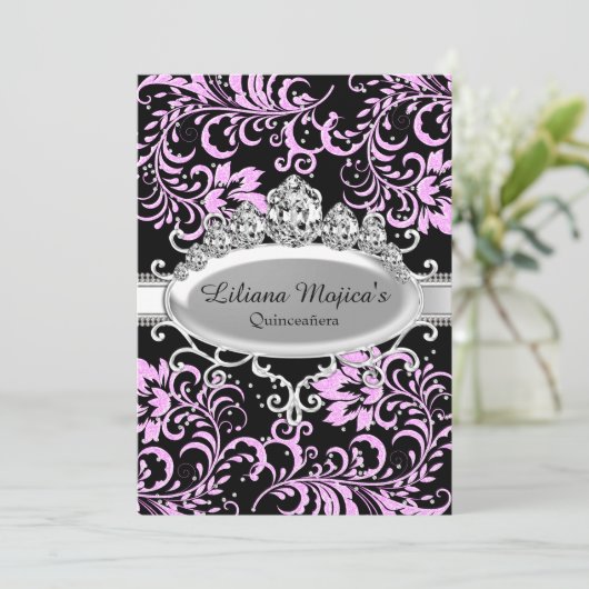 ピンクブラックティアラ&グリッターフローラキンセアニェラ 招待状 (スタンド正面)