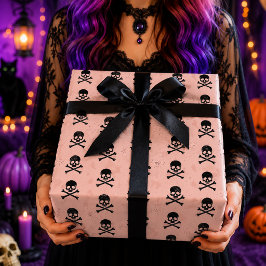 ピンクブラックドクロホネ Halloween柄 ラッピングペーパー
