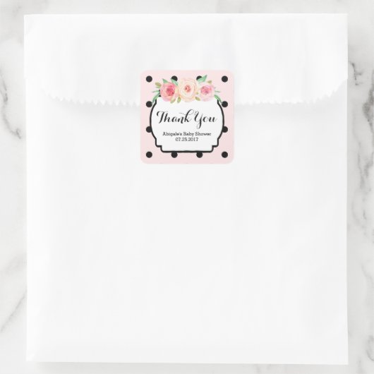 ピンクブラックドットフローラベビーシャワーメッセージカード スクエアシール (バッグ)