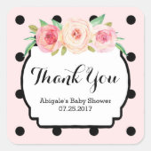 ピンクブラックドットフローラベビーシャワーメッセージカード スクエアシール (正面)