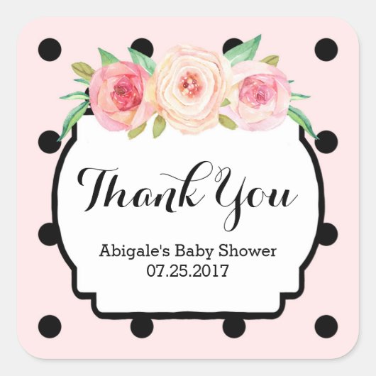 ピンクブラックドットフローラベビーシャワーメッセージカード スクエアシール (正面)