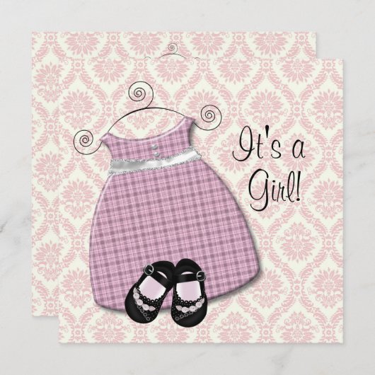 ピンクブラックドレスシューズピンクブラックダマスクベビーガール 招待状 (正面/裏面)