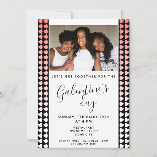 ピンクブラックハートフレンド写真ガレンティンの日 招待状 (正面)