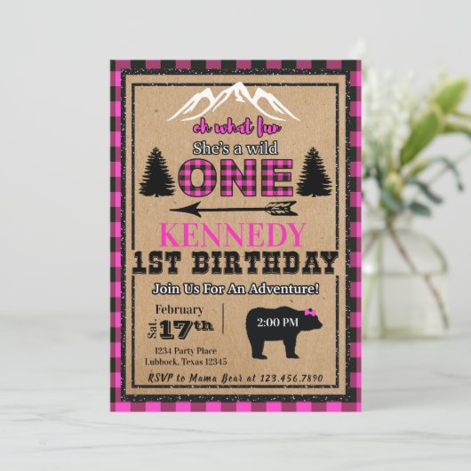 ピンクブラックバッファロープレイドガール誕生日招待状 招待状 (スタンド正面)