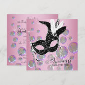 ピンクブラックバブルSweet sixteenマスカレードパーティー 招待状 (正面/裏面)