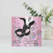 ピンクブラックバブルSweet sixteenマスカレードパーティー 招待状 (スタンド正面)