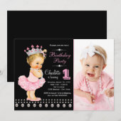 ピンクブラックバレリーナプリンセスガールバースデーパーティー 招待状 (正面/裏面)
