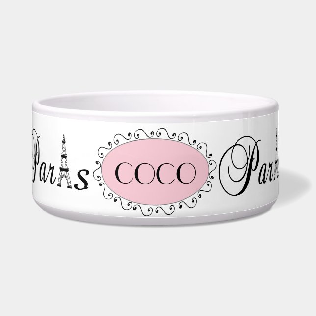 ピンクブラックパリエッフェルタワーネームドッグペットボウル ボウル (正面)