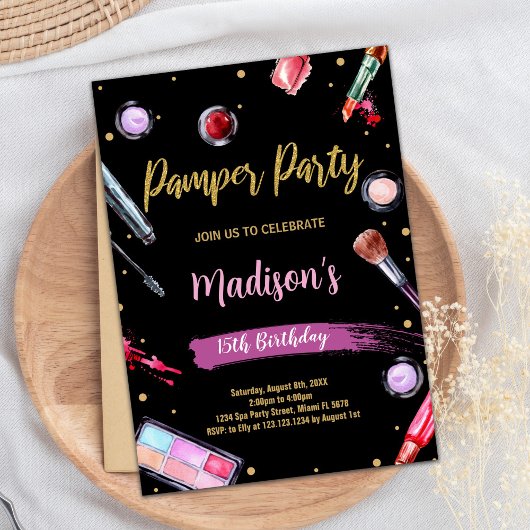 ピンクブラックパンパーパーティー誕生日招待状 招待状