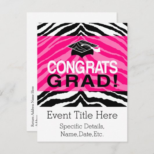 ピンクブラックパーソナライズされたゼブラ卒業式パーティー インビテーションポストカード (正面/裏面)