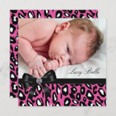 ピンクブラックヒョウ赤ちゃんガールフォト誕生 案内状 (正面/裏面)