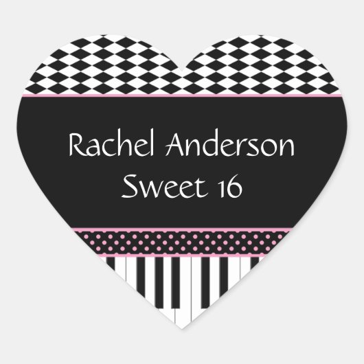 ピンクブラックピアノテーマスウィート16誕生日 ハートシール (正面)