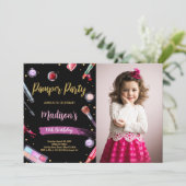 ピンクブラックフォトパンパーパーティー誕生日招待状 招待状 (スタンド正面)