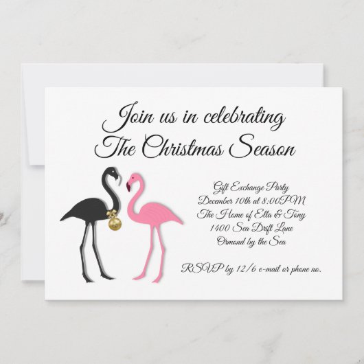 ピンクブラックフラミンゴスクリスマスパーティの招待状 招待状 (正面)