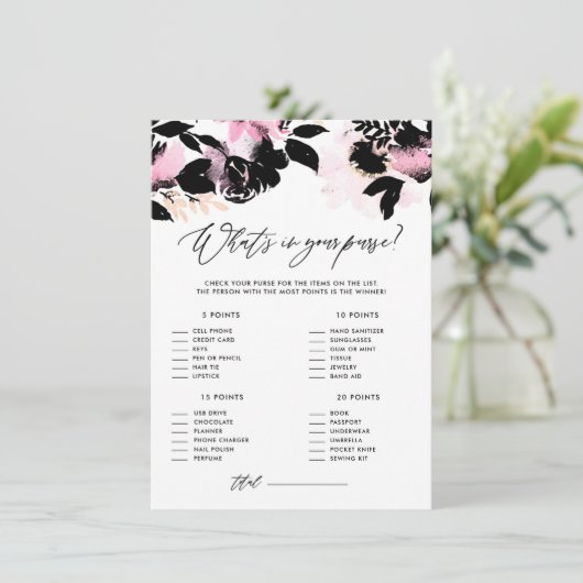 ピンクブラックフローラハンドバッグシャワーゲームの内容 エンクロージャーカード (スタンド正面)