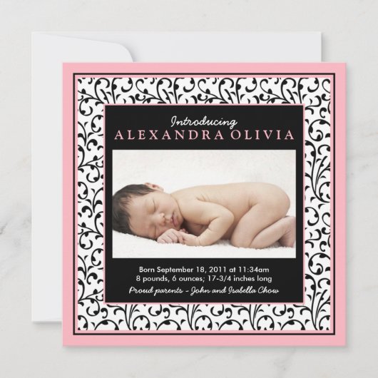 ピンクブラックフローラベビー写真誕生のお知らせ 案内状 (正面)